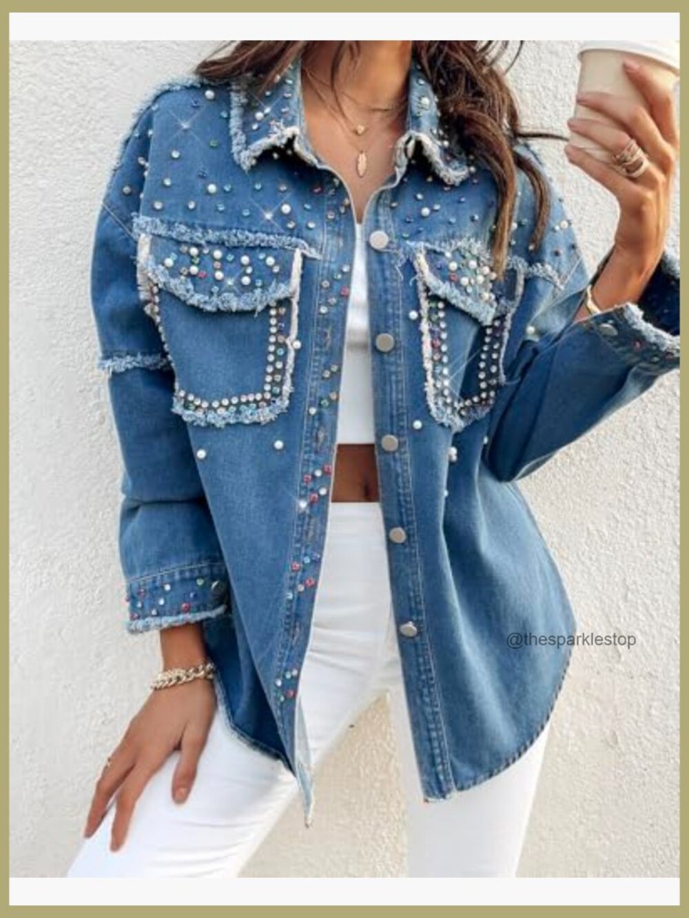 Women's Denim Jacket with Sequin Pockets Rhinestone Long Sleeve Casual Coat - Picture 3 of 7